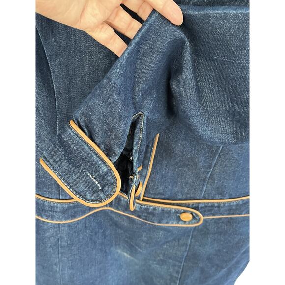 Vintage Forenza Women 14 Denim Cotton Leather Trim Dress Western Preppy - Picture 3 of 7